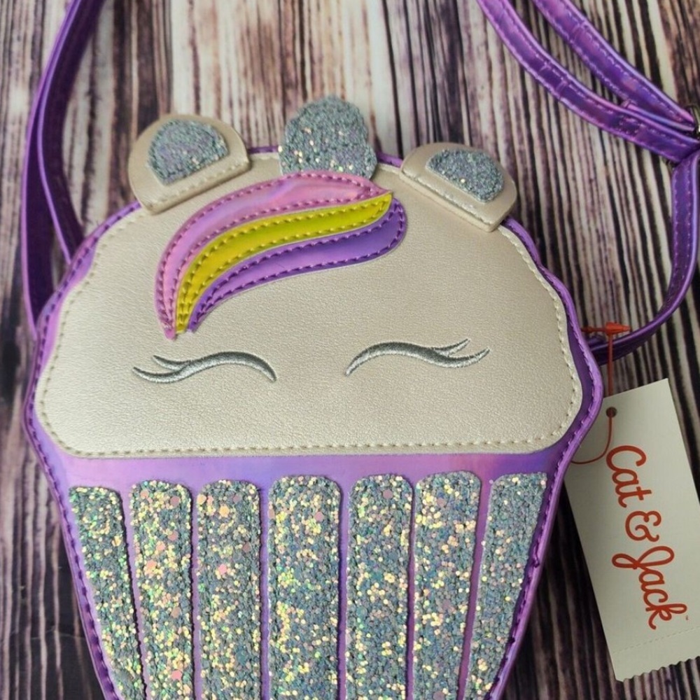 Cat & Jack Purple Unicorn colors Silver glitter Cupcake Crossbody Bag NEW NWT - Picture 7 of 7